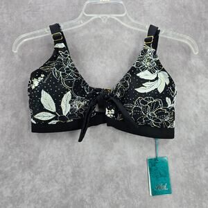 Heat Black White Floral Padded Magnolia Tie Front Bralette Swim‎ Top L Large